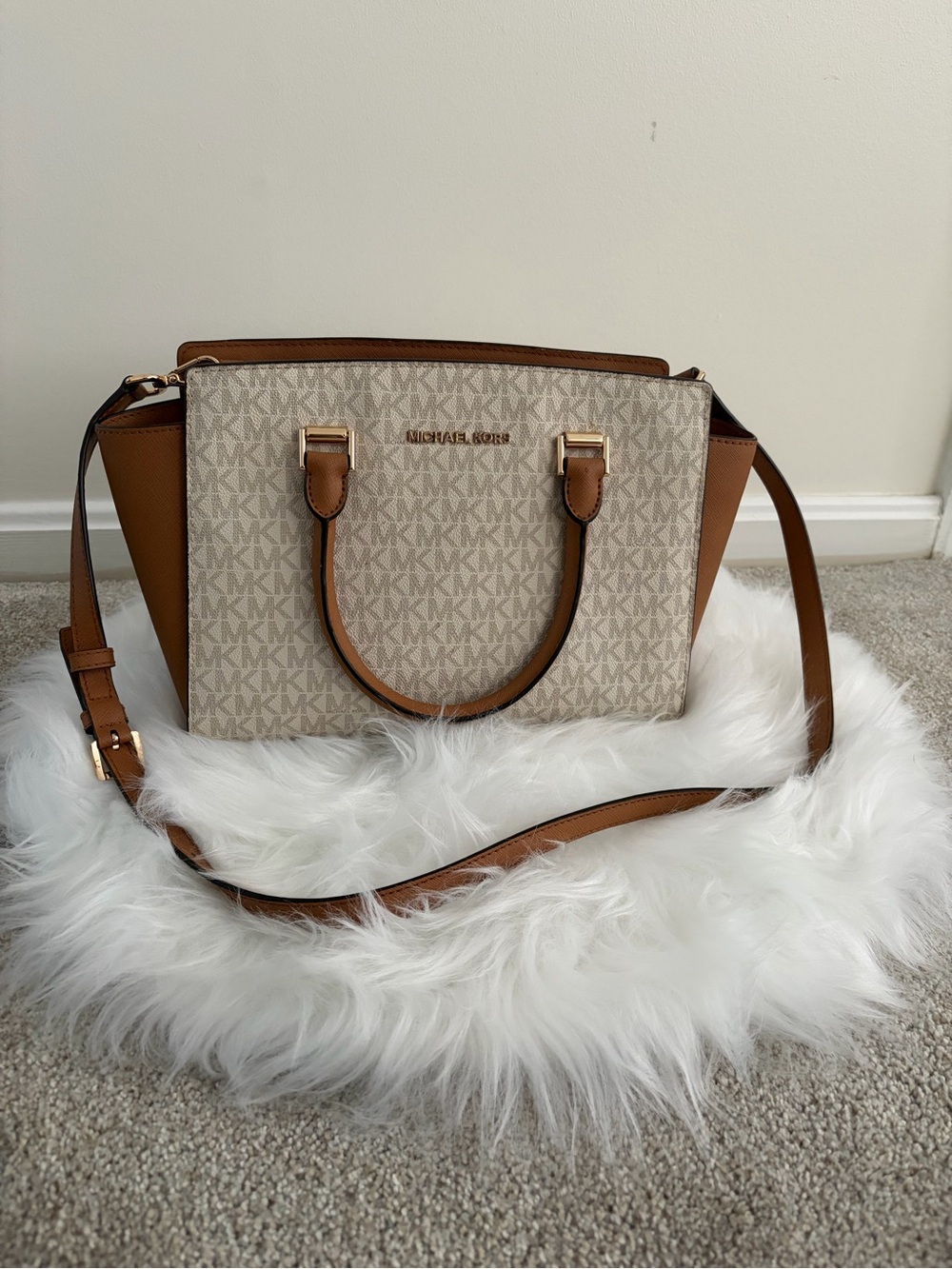 Michael Kors Beige Logo Satchel with Brown Trim